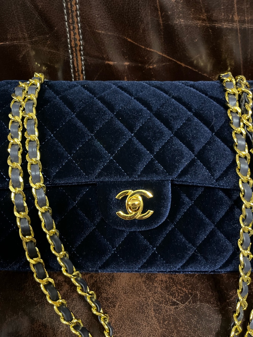 Double C Navy Blue Gold Tone Hardware Quilted Velvet Chain Strap Flap Bag Purse - Picture 5 of 10